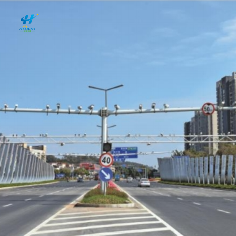 Special traffic warning signal light pole at intersection